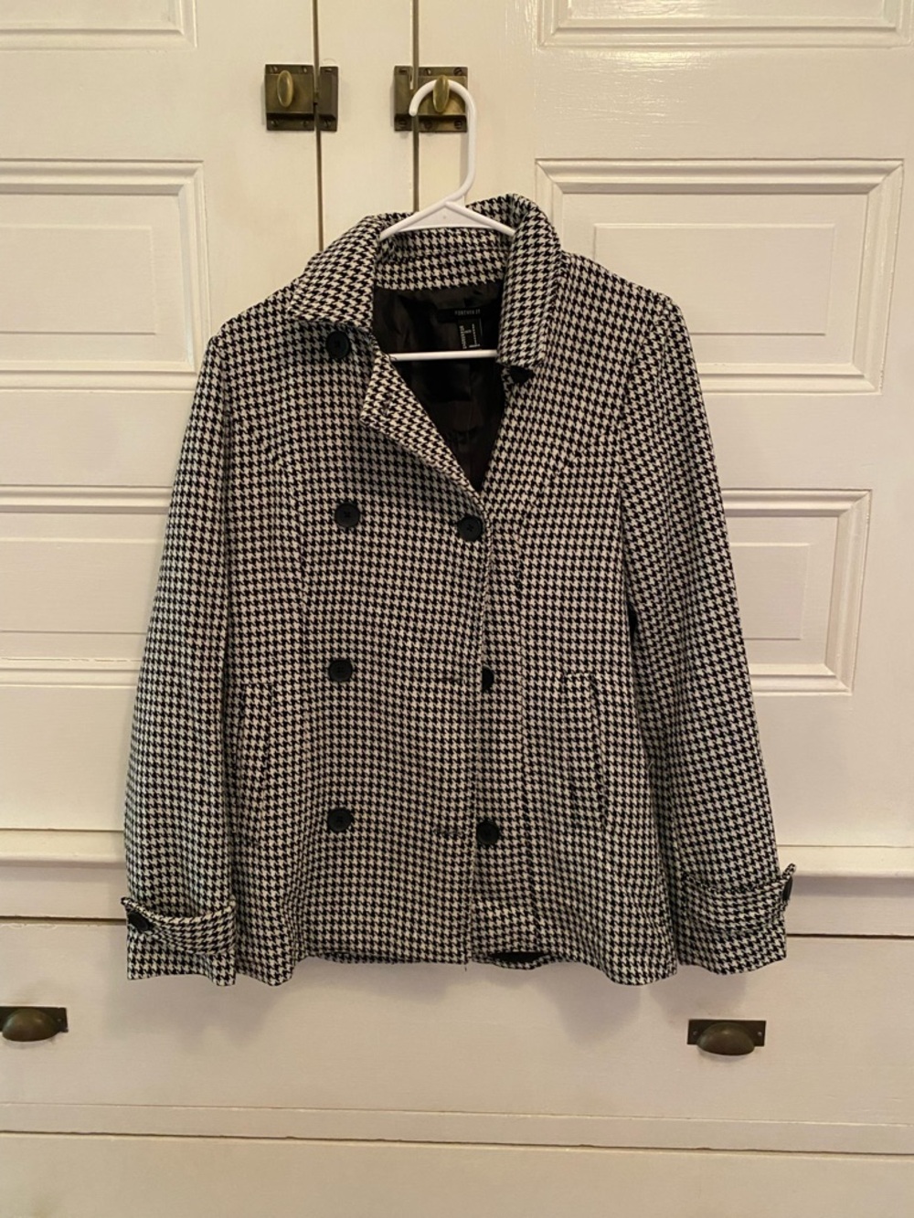 Forever 21 Black & White Houndstooth Double-Breasted Pea Coat